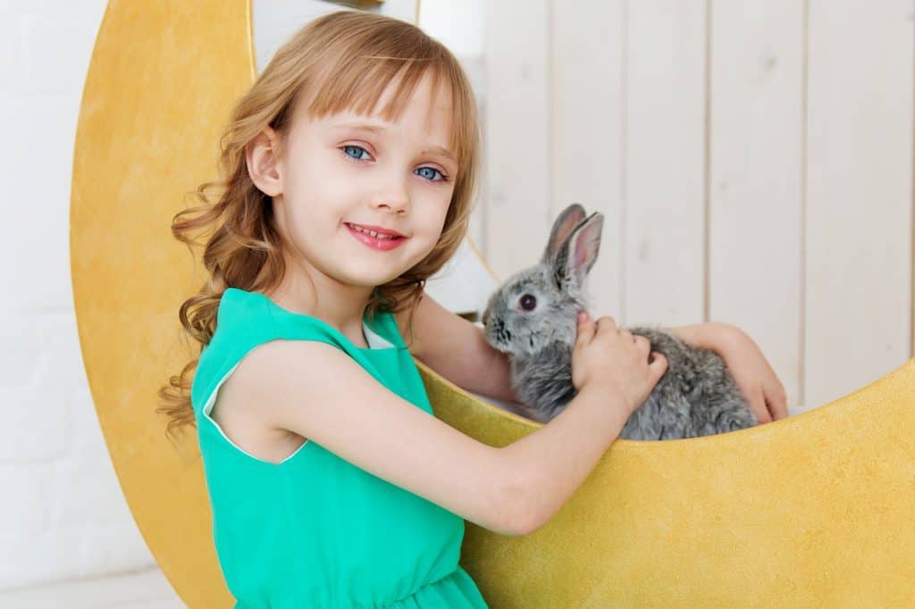 A little girl holding her pet rabbit.