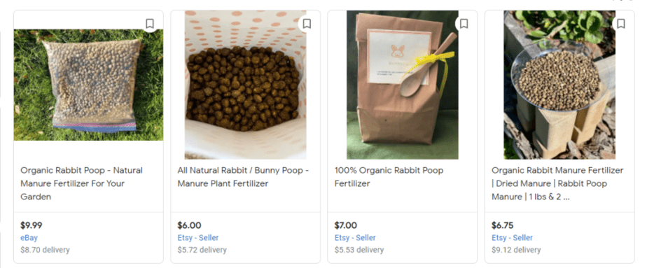A screenshot of rabbit poop fertilizers being sold on google shopping.