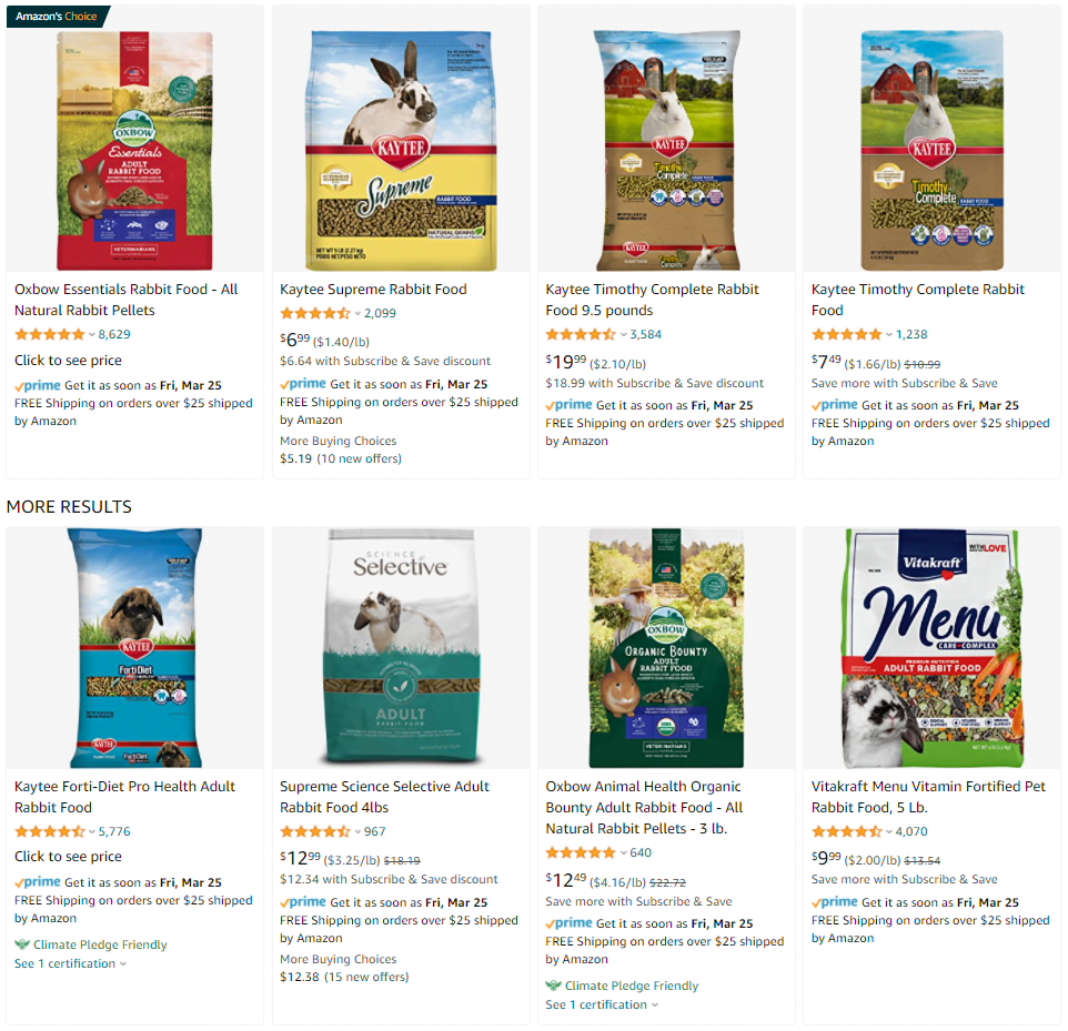 A screenshot of the top rabbit foods on amazon